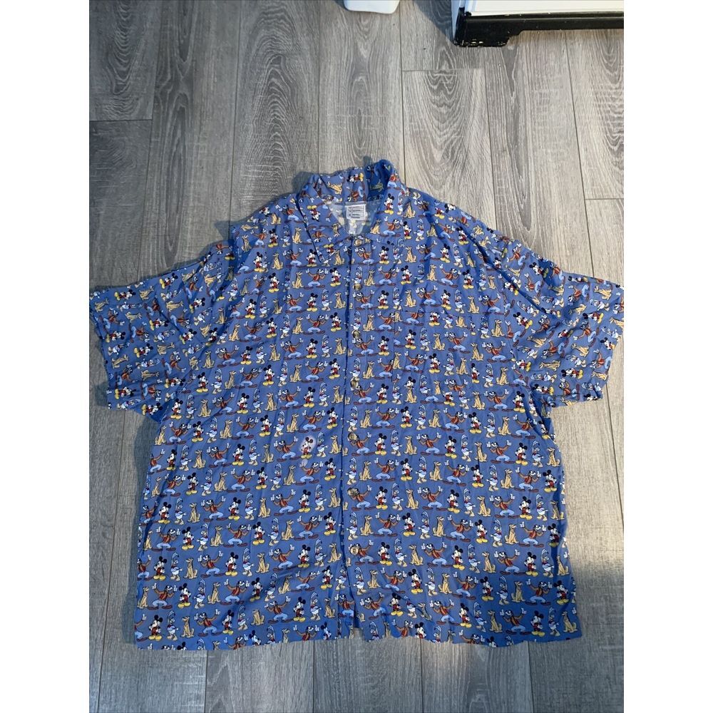 DISNEY STORE VTG All Over Print Men's XL Blue S/S Button Shirt Mickey Goofy EUC